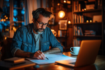 A person using a financial planning software to create a retirement savings plan. Man with glasses sitting at desk with laptop, in darkness
