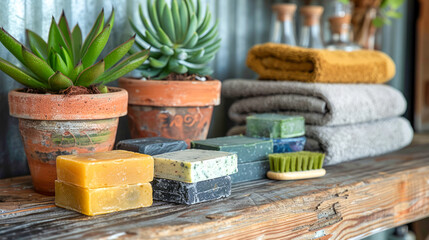 Succulents in terracotta pots align with eco-friendly solid soaps and brushes on reclaimed wood, evoking sustainable and natural lifestyle, and commitment to environmentally conscious choices