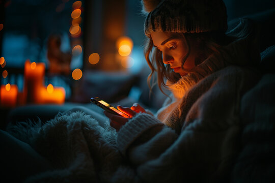 A person using a mobile banking app to manage their finances on the go. A woman is sitting on a couch looking at her cell phone