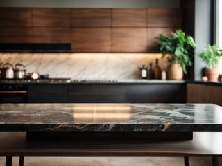 Black marble countertop with gold veining in a modern kitchen. The polished and reflective countertop