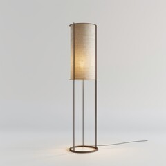 3D Render of a minimalist floor lamp with a slim metal frame and a cylindrical fabric shade, on isolated white background, Generative AI