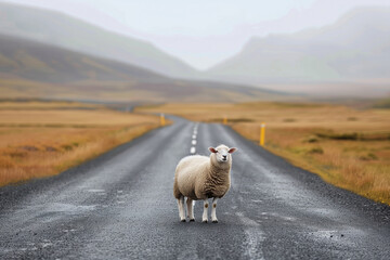 Icelandic sheep crossing a road. Wildlife and nature of Iceland. - obrazy, fototapety, plakaty