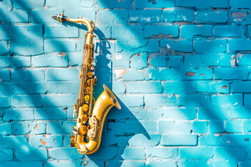 Golden saxophone hangs on a blue brick wall, capturing the essence of urban jazz culture and...