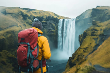 Tourist admiring majestic landscape of Icelandic waterfall. Beautiful nature of Iceland. - obrazy, fototapety, plakaty