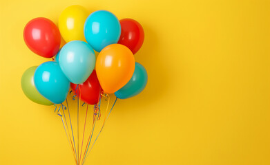 Colourful balloons bunch on a yellow wall background