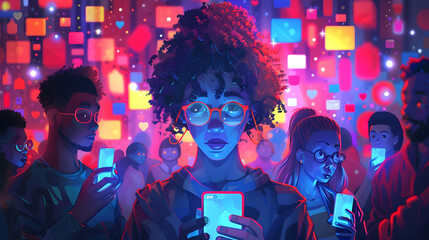 A group of people holding mobile phones, looking at the phone screen  illustration style, colorful cartoon characters, social media in the future background. - obrazy, fototapety, plakaty