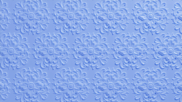 Classical Bright Decorative Pattern Wallpaper. Blue 3D Stucco Background.