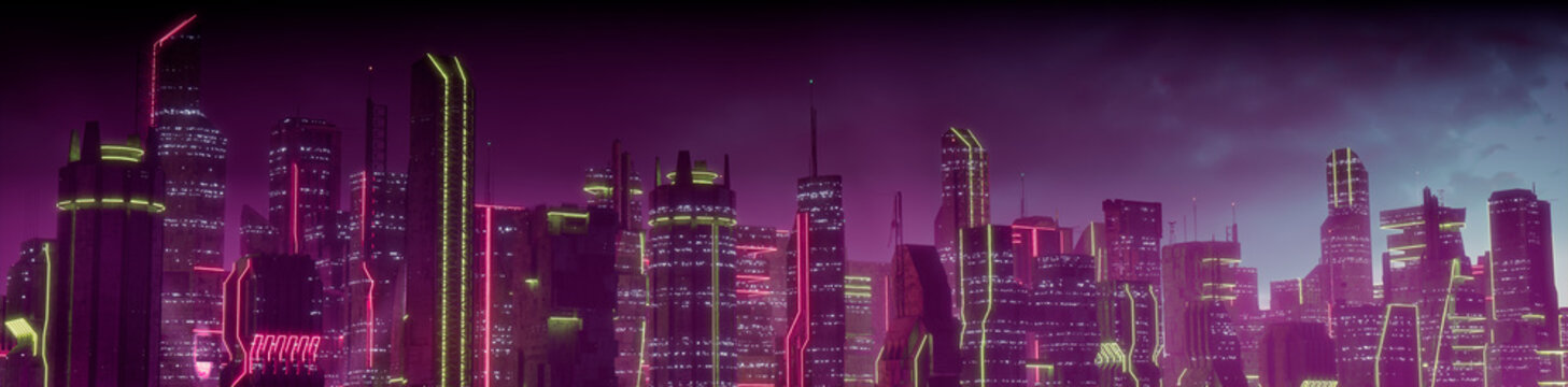Cyberpunk Cityscape with Pink and Yellow Neon lights. Night scene with Advanced Skyscrapers.