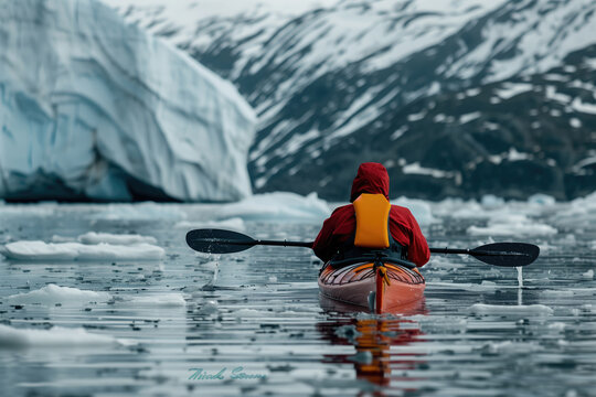 Extreme tourism, winter kayaking in Antarctica, adventurous man paddling on sea kayak between icebergs.