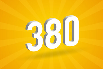 3D 380 number font alphabet. White 3D Number 380 with yellow background - obrazy, fototapety, plakaty