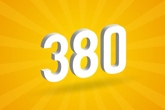 3D 380 number font alphabet. White 3D Number 380 with yellow background