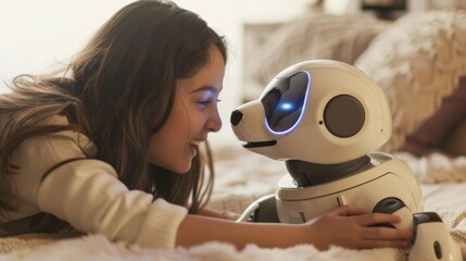 Little Girl Resting Next to Robot on Bed