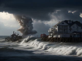 A coastal town battered by a powerful hurricane, with strong winds, flying debris, and crashing waves