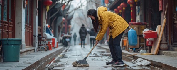 Individual cleaning streets in historic Chinese district. Community upkeep and urban life concept