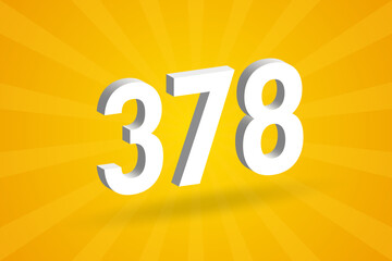 3D 378 number font alphabet. White 3D Number 378 with yellow background