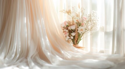 A white curtain with a vase of flowers in the middle. The curtain is long and flowing, and the flowers are pink. Concept of elegance and beauty, with the flowers adding a touch of color
