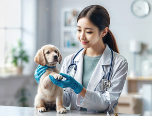 A veterinarian with a dog in a veterinary clinic.