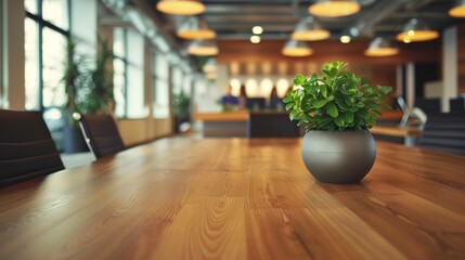 Potted plant on a polished wooden conference table in a modern office interior. Corporate meeting room design - obrazy, fototapety, plakaty