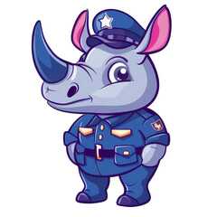 A cartoon rhino is wearing a police uniform and has a star on his hat