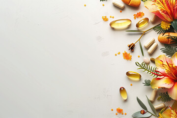 Vitamins and Supplements. Slide Background. Healthy lifestyle. Background image. Created with Generative AI technology.