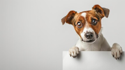 Jack Russell Terrier puppy with paws on white ledge. Close-up studio portrait on neutral background.