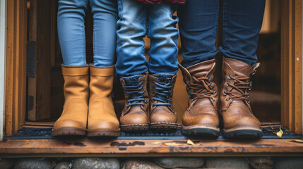 Close-up of mother and daughter's boots and jeans in doorway, showcasing stylish family fashion.