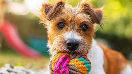 Brown and White Dog Holding Colorful Ball of Yarn