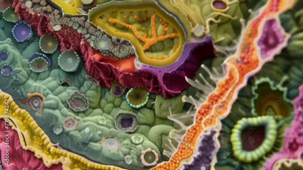 Poster a colorful and intricate crosssection of a cyanobacteria colony revealing layers of different specie