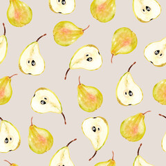 Summer pattern with yellow pears, juicy fruits on white background, seamless texture, great hand drawn pattern for print design, textile, fabric, tableware design and seasonal displays