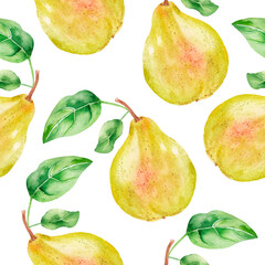 Summer pattern with yellow pears, juicy fruits on white background, seamless texture, great hand drawn pattern for print design, textile, fabric, tableware design and seasonal displays.