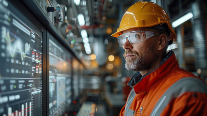 an engineer is looking at the graphs of power curve on the screen in BESS plant.generative ai