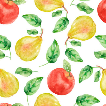 Pattern with apples, pears, green leaves, covered with dew drops, summer fruit seamless texture, many elements, hand drawn, great pattern for fabric, wrapping paper, kitchen utensils, apple dishes.