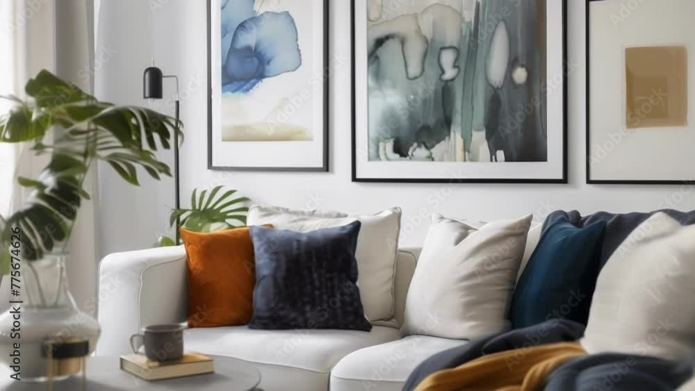 Poster a gallery wall filled with abstract art and framed in clean black frames adding a touch of personali