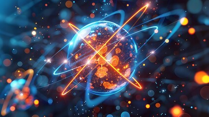 Unstable Atom nucleus with electrons spinning around it technology background. For Design, Background, Cover, Poster, Banner, PPT, KV design, Wallpaper - obrazy, fototapety, plakaty