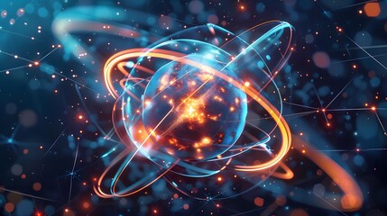 Unstable Atom nucleus with electrons spinning around it technology background. For Design, Background, Cover, Poster, Banner, PPT, KV design, Wallpaper - obrazy, fototapety, plakaty