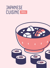 Japanese restaurant menu cover design. Asian cuisine, vertical card background, backdrop template with Japan soup, sushi rolls, maki dishes. Oriental eastern food bar. Flat vector illustration
