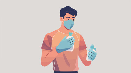 Man wearing mask and gloves and holding sanitizer 
