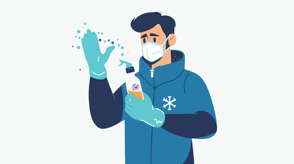 Man wearing mask and gloves and holding sanitizer 