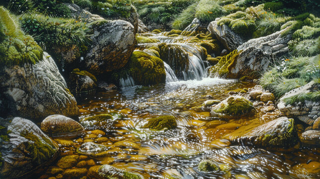Rock outcrops hide a lone alpine stream, its surface dappled with sunlight.