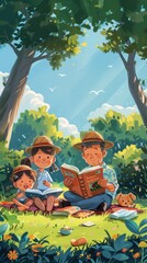 A family of three is sitting in a park reading a book