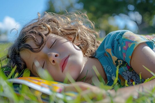 A young girl is sleeping on the grass