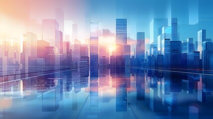A modern cityscape with glass buildings reflecting the sky, symbolizing technology and innovation in business. The background is a gradient of blue tones representing corporate business style. For Bac - obrazy, fototapety, plakaty