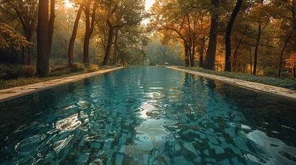 Foto op Plexiglas A tranquil pool's surface reflecting the surrounding trees in a soothing manner. © Stone daud