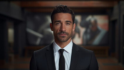 Fototapeta premium Businessman in a suit standing in an office, serious professional person. Corporate and powerful company director.