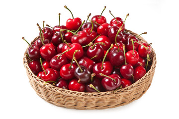 Sweet Cherries basket, Isolated on White Background – Prunus Avium Wild Cherry Cultivar, Group, Heap, Bunch, with Shadow, Red Glossy Berries – Detailed Close-Up Macro, High Resolution
