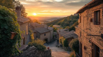 Fotobehang The warm glow of sunset bathes an old Tuscan village, with its historic stone buildings and rolling hills in the background. Resplendent. © Summit Art Creations