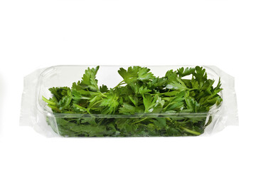 Parsley Branch – Fresh Green Aromatic Herb, plastic Package Wrapped in Clear Plastic -  Isolated on White Background