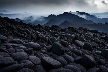 Dark volcanic black rocks landscape, a rare geological sight view image 
 - obrazy, fototapety, plakaty