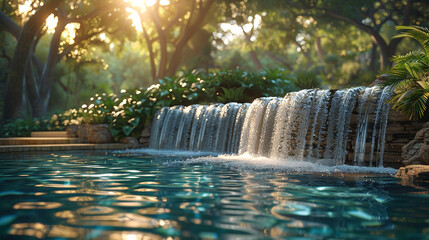 A poolside waterfall feature, creating a soothing and calming backdrop.