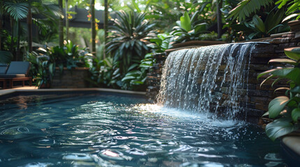A poolside waterfall feature surrounded by lush tropical plants, creating a serene oasis.